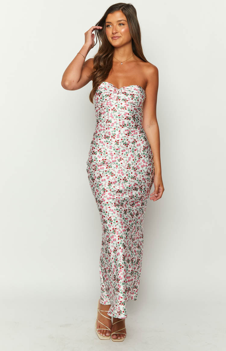 Beginning Boutique Abbie White Floral Maxi Formal Dress white floral strapless sweetheart neckline bodycon maxi dress with ruched bust