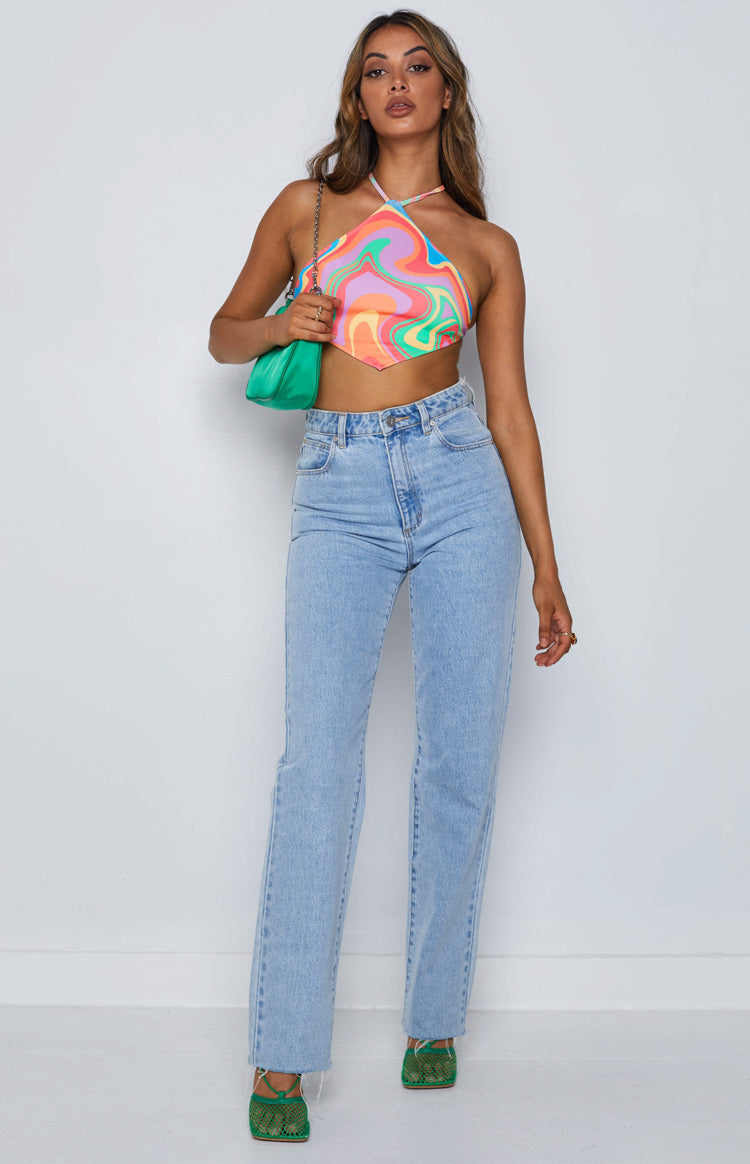Multi-coloured abstract swirl print halter neck crop top with a triangular front
