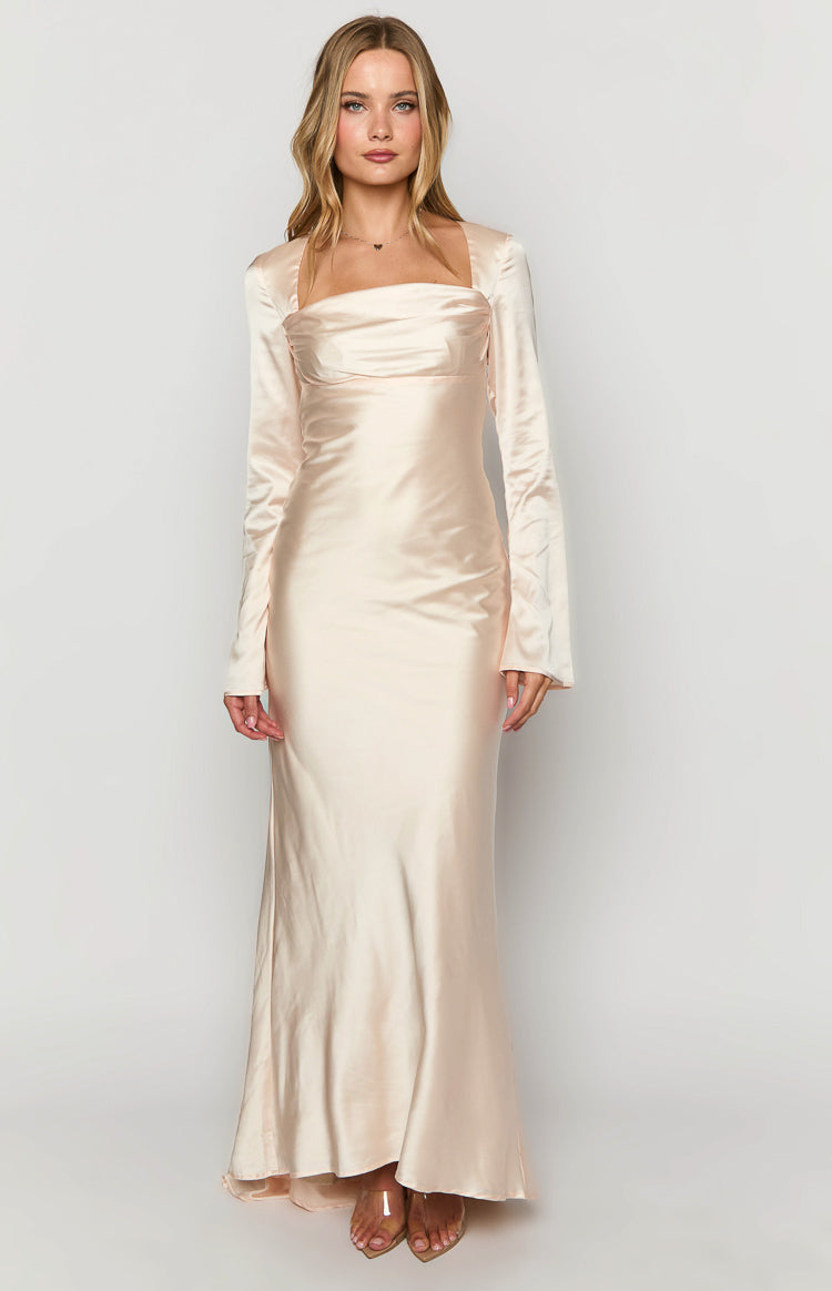 Cream satin long sleeve maxi dress with a square neckline and gathered ruched bust