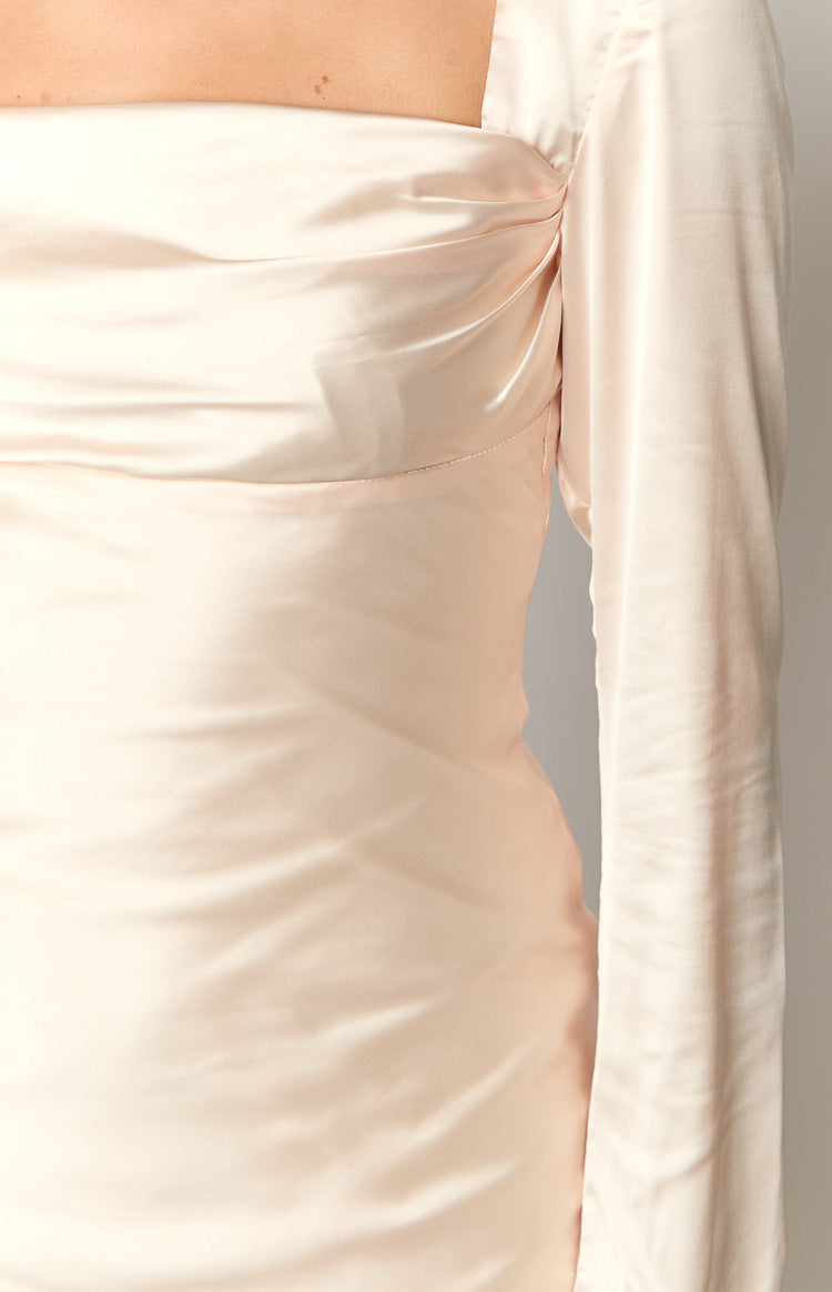 Cream long sleeve maxi dress with a square neckline and draped bust detail