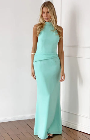 Adeline Aqua Halter Neck Occasion Maxi Dress