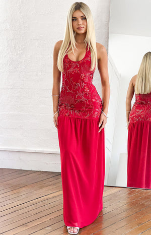 Beginning Boutique Aella Red Beaded Halter Maxi Dress red halter scoop neck maxi with a beaded floral bodice and flowy skirt