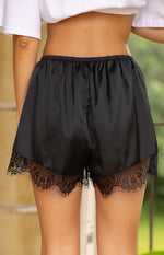 Agnes Black Lace Trim Satin Shorts Image