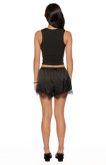 Agnes Black Lace Trim Satin Shorts Image