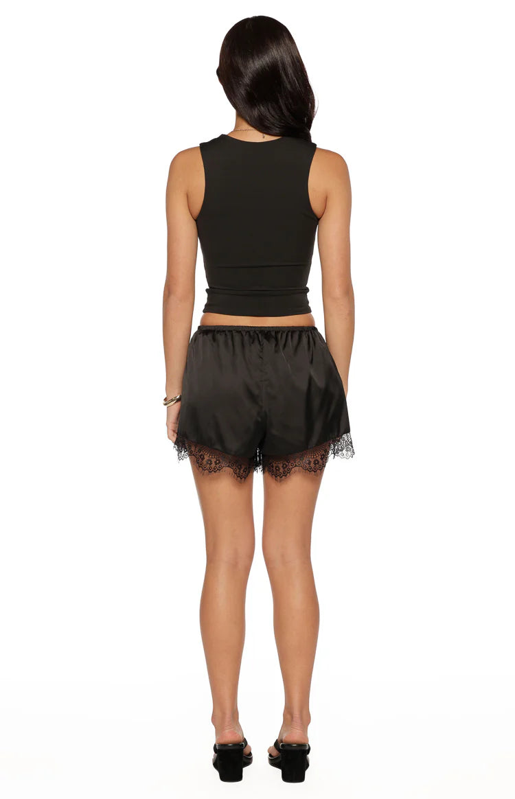 Agnes Black Lace Trim Satin Shorts Image