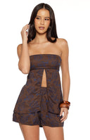 Beginning Boutique Ailany Brown Floral Strapless Longline Top brown strapless longline top with blue floral embroidery, front split, and scalloped trim