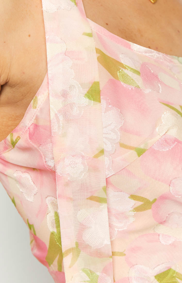 Pink and cream floral print cami top with a cowl neck and an attached scarf detail worn as a choker