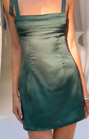 Beginning Boutique Akira Green Tie Mini Dress emerald satin square neck mini with tie shoulders and ruched bust