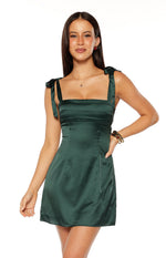 Beginning Boutique Akira Green Tie Mini Dress emerald green satin square neck mini dress with tie shoulders and fitted bodice