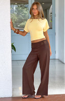 Beginning Boutique Alamara Brown Floral Detail Wide Leg Pants brown wide leg pants with floral cutouts on the waistband