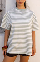 Beginning Boutique Alba Sage Stripe Oversized Tee sage green and white striped oversized tee with a crew neck and short sleeves