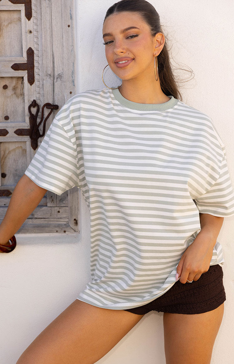 Beginning Boutique Alba Sage Stripe Oversized Tee sage green and white striped oversized tee with a crew neck and short sleeves