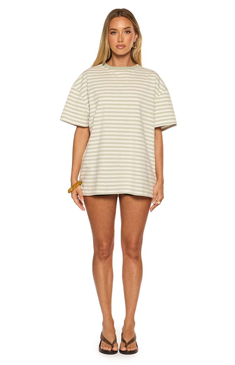 Front view of a longline sage and off-white horizontal stripe oversized tee with a crew neck and wide short sleeves