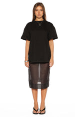 Oversized black tee with a crew neck, wide short sleeves, and a longline hem