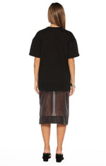 Rear view of a black plain tee with a relaxed fit and short sleeves