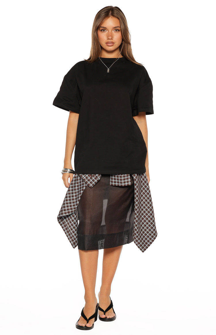 Black cotton jersey crew neck tee with relaxed short sleeves and an oversized fit