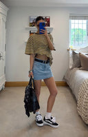 Beginning Boutique Alba Yellow Stripe Oversized Tee yellow and black stripe oversized tee with a crew neck and short sleeves