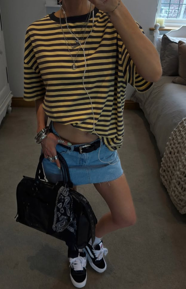 Beginning Boutique Alba Yellow Stripe Oversized Tee yellow and black stripe oversized tee with a crew neck and short sleeves