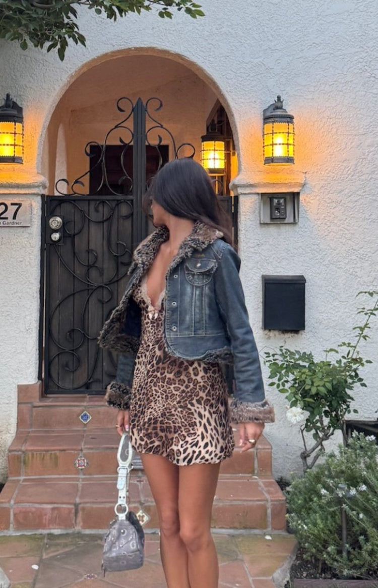 Side view of a leopard print mini dress with a V-neckline and delicate lace trim