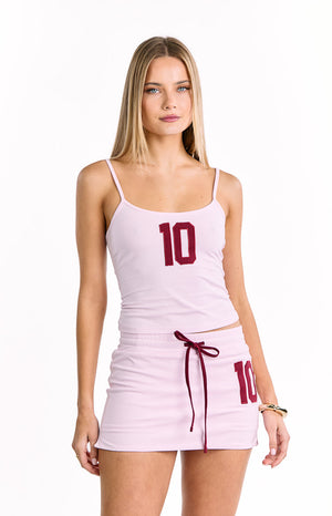 Beginning Boutique Alexa Pink Jersey Skort light pink jersey mini skort with maroon drawstring and number 10 graphic