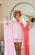 Beginning Boutique Alexea Pink Stripe Pajama Shorts pink and white stripe cotton pajama shorts with red piping