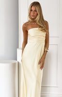 Beginning Boutique Alexia Yellow Strapless Maxi Dress light yellow strapless ruched bodice satin maxi dress