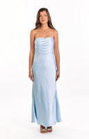 Beginning Boutique Alexia Blue Strapless Maxi Dress light blue satin strapless maxi dress with a ruched bodice and flowy skirt