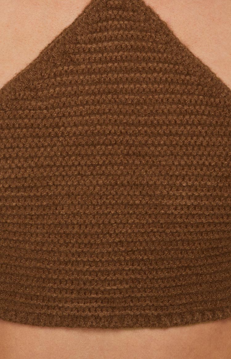 Brown crochet halter crop top with a textured knit and thin straps