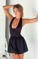 Beginning Boutique Alice Black Halter Neck Mini Dress black halter deep V-neck mini with structured bust and gathered flared
