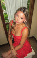 Beginning Boutique All Mine Red Lace Mini Dress red sheer lace mini dress with a square neckline, thin straps, small bow, and