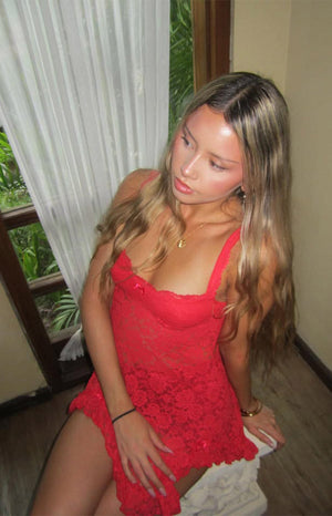 Beginning Boutique All Mine Red Lace Mini Dress red sheer lace mini dress with a square neckline, thin straps, small bow, and