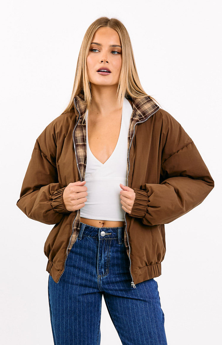 All I Wanted Brown Plaid Puffer Jacket Image