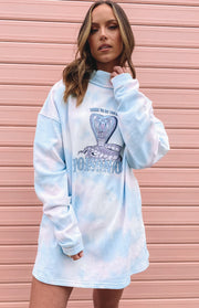 Light blue and white tie-dye oversized mini sweater dress with a high neck and cobra graphic