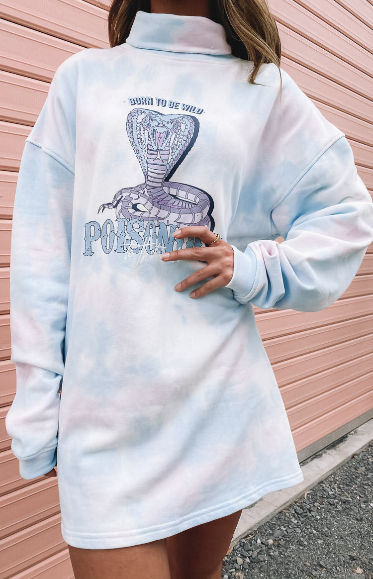 Back view of a pastel blue and pink tie-dye sweater dress with long cuffed sleeves and relaxed fit