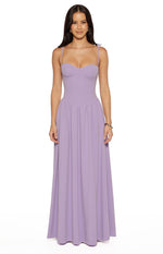 Lilac crepe maxi dress with a sweetheart bustier neckline, thin spaghetti straps, and a gathered waist
