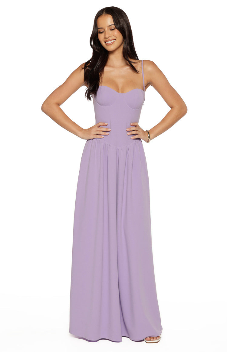 Beginning Boutique Almost Yours Lilac Crepe Maxi Dress lilac crepe sweetheart bustier maxi dress with spaghetti straps and gathered skirt
