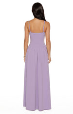 Rear view of a lilac crepe maxi dress with thin spaghetti straps, a square back, and a flowing gathered skirt