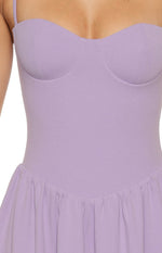 Close-up of the lilac crepe maxi dress bodice with a sweetheart neckline, structured bust cups, and gathered skirt detail at the waist