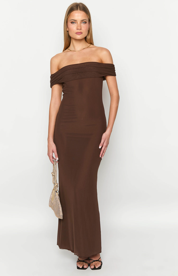 Front view of a brown ribbed knit maxi dress with an off-shoulder neckline and ruched bust detail