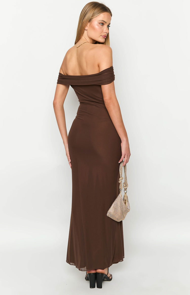 Rear view of a brown ribbed knit maxi dress with an off-shoulder neckline and ruched sleeves, fitted through the back