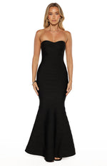 Black strapless bandage maxi dress with sweetheart neckline, criss-cross bodice, and mermaid flare
