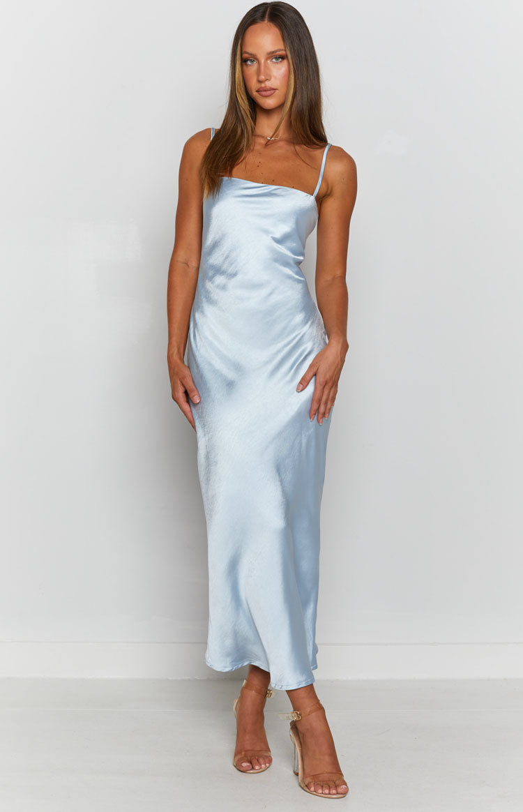 Baby blue satin midi dress with thin adjustable straps, a low cowl back, and criss-cross lace-up ties