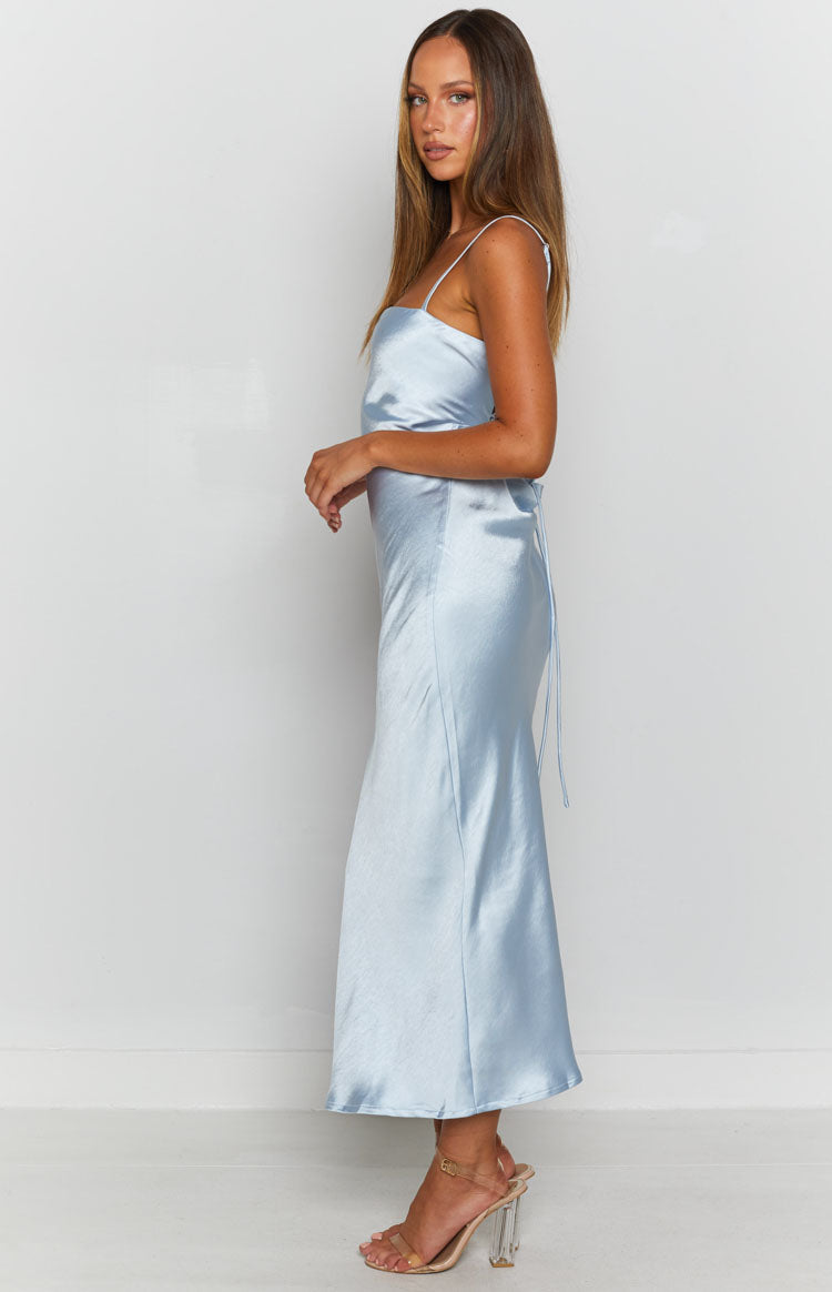 Baby blue satin dress with a criss-cross lace-up back and long tie detail