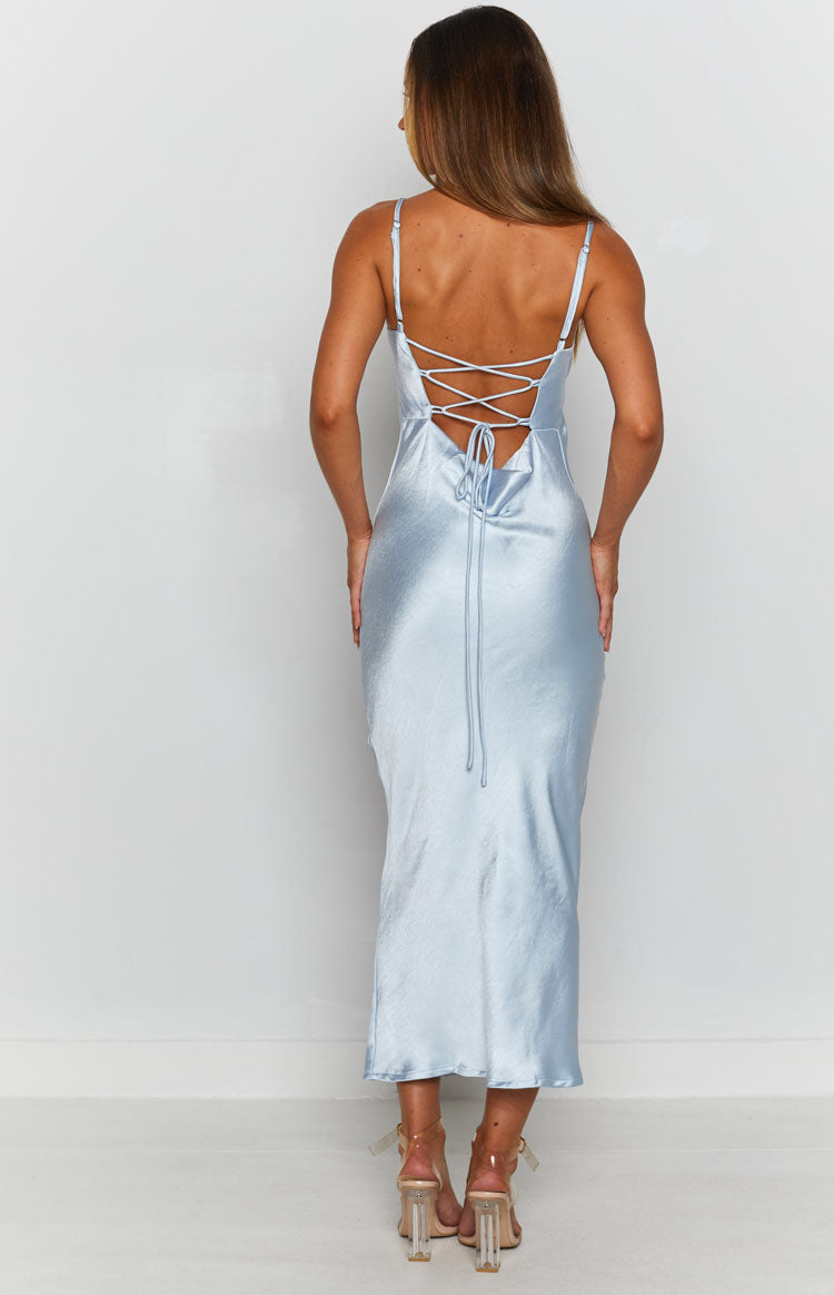 Baby blue satin slip dress with thin spaghetti straps and a lace-up open back