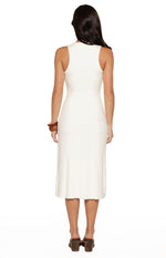 Rear view of a white sleeveless midi dress with a high round back and a fitted silhouette in a soft knit