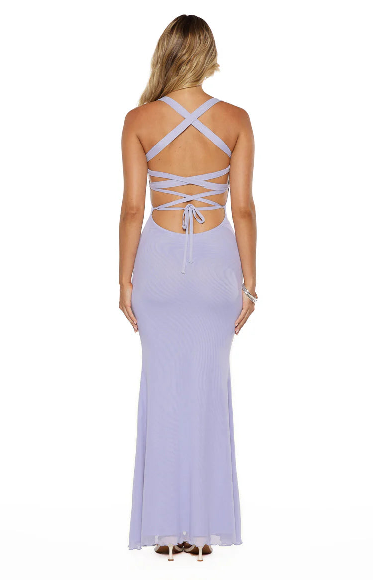 Amelie Lilac Mesh Formal Maxi Dress