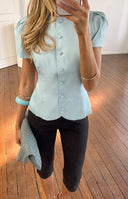 Amelina Blue Button Up Organza Top