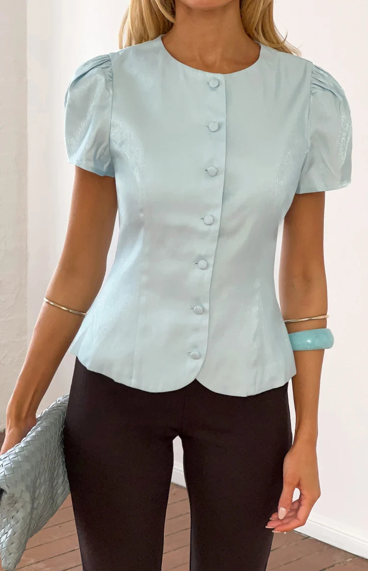 Amelina Blue Button Up Organza Top