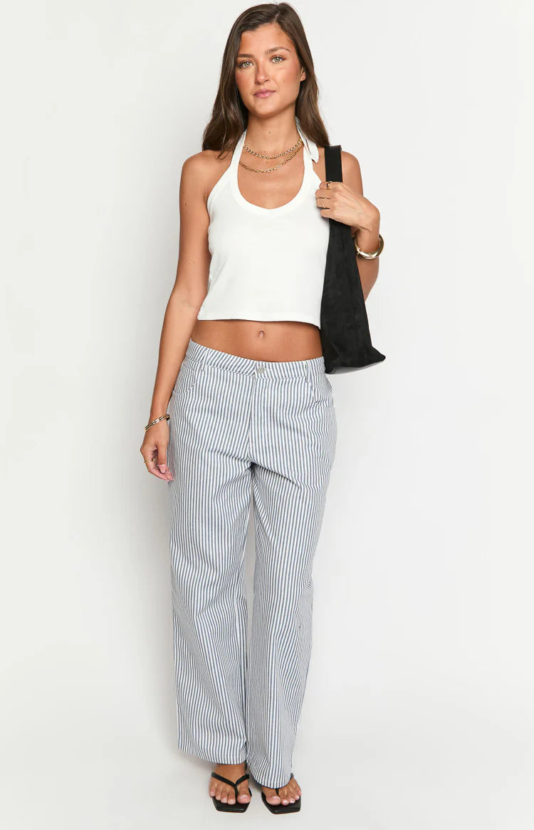 Amity Navy Stripe Mid Rise Straight Leg Jeans