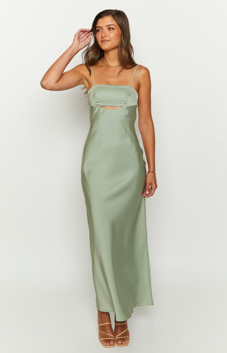 Front view of a sage satin maxi dress with a straight neckline, thin straps, and a midriff cutout